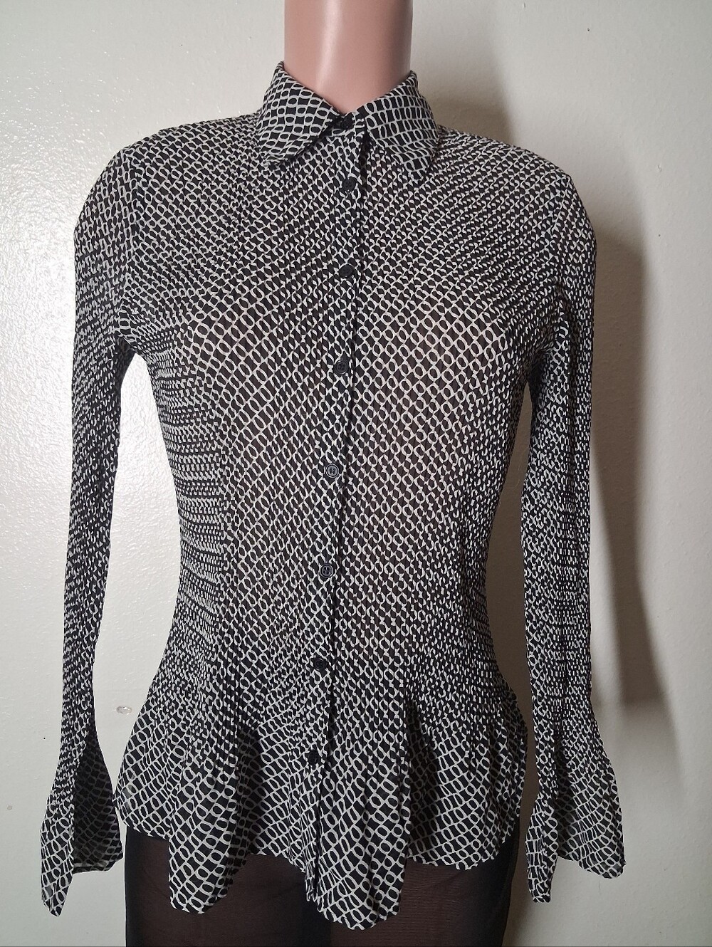​Apt. 9 Black White Geometric Print Button Up Peplum Top Blouse Size M